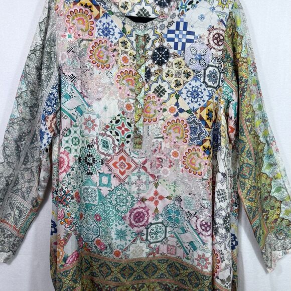 Johnny Was Signature Silk Colorful Abstract Patchwork Jessner Tunic Blouse Top M - Picture 5 of 15